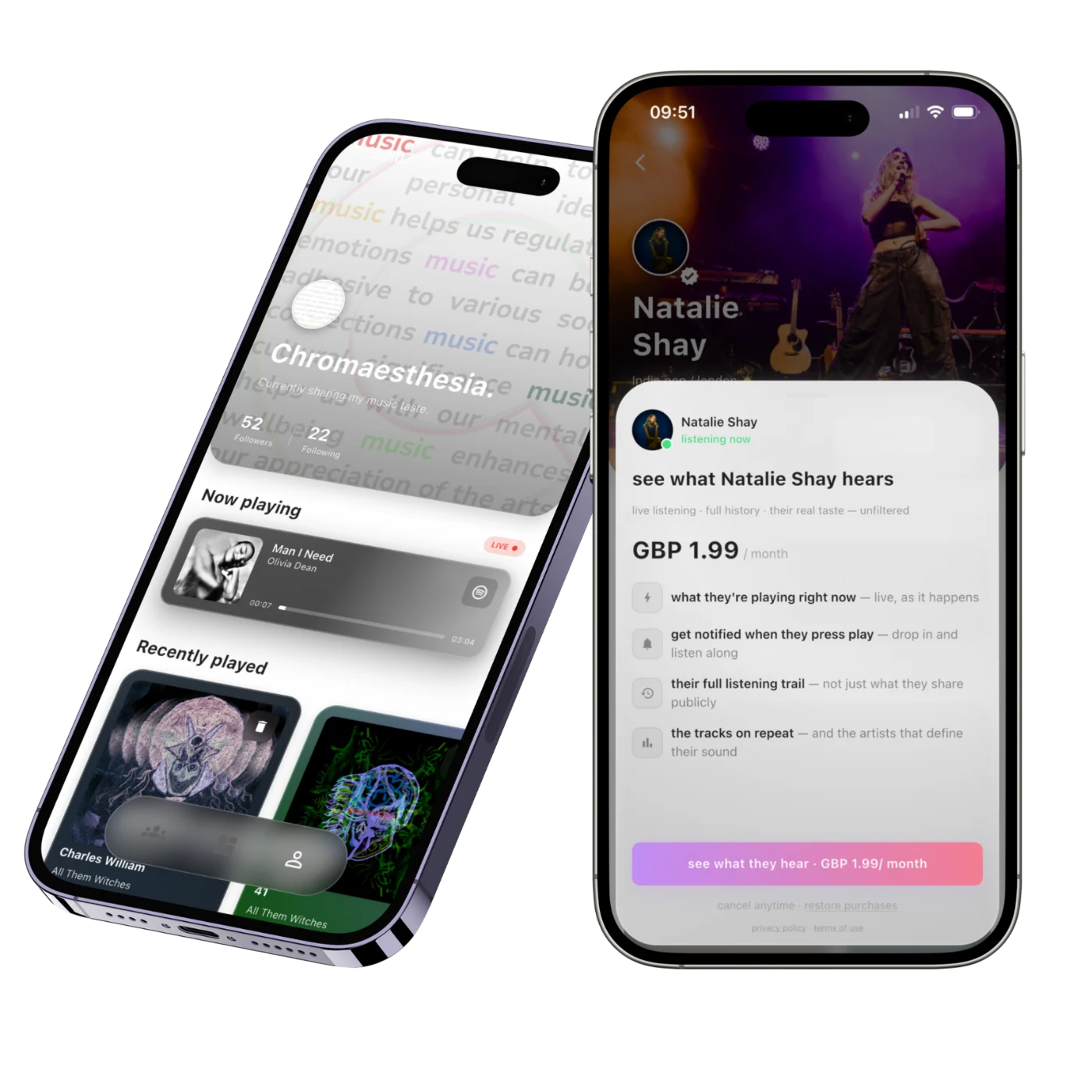 Subscribe screen: see what DRIIA hears for GBP 0.99 a month — live listening, full history and their real taste, unfiltered